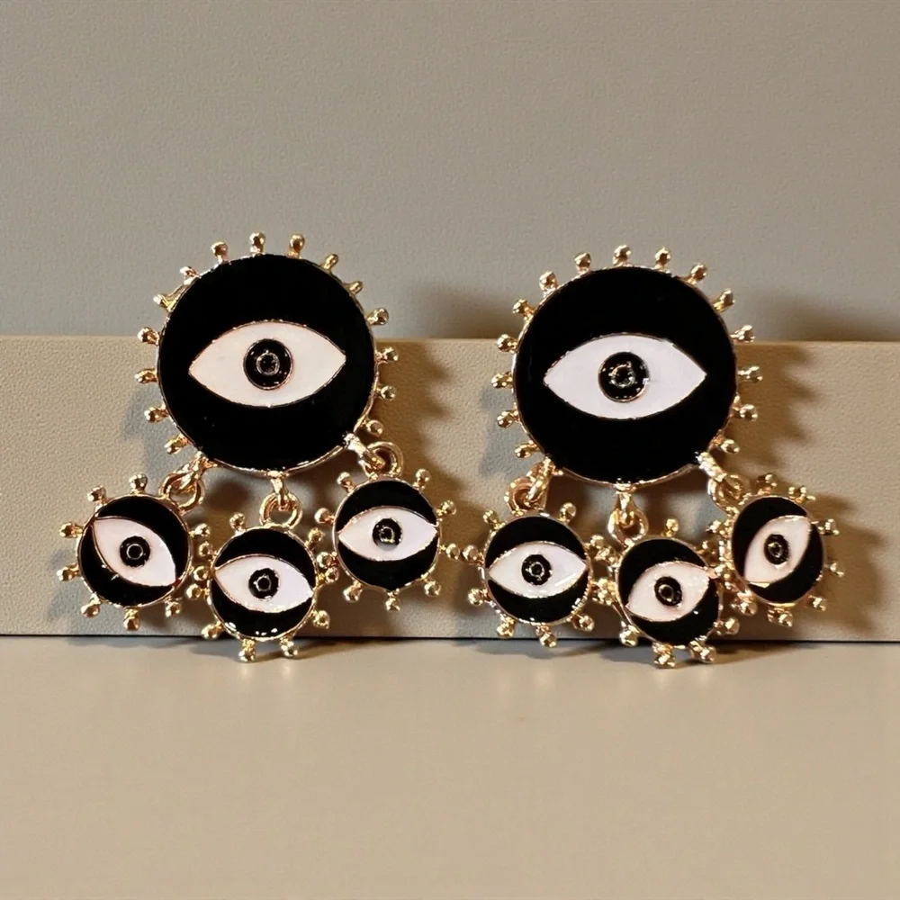 Chic Black and Gold Toned Evil Eye Dangling Earrings